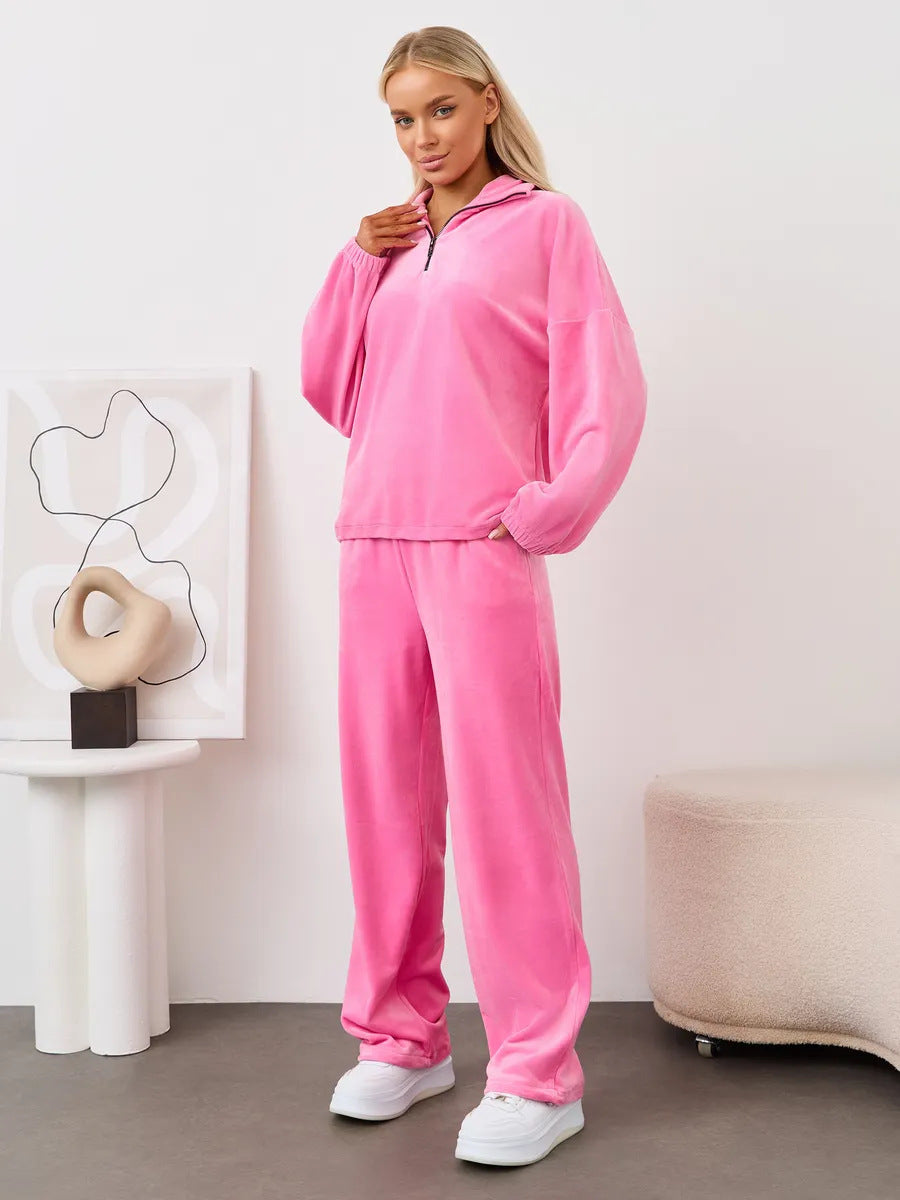 Damen Velours Jogginganzug Hochgeschlossener Kragen Elastisch