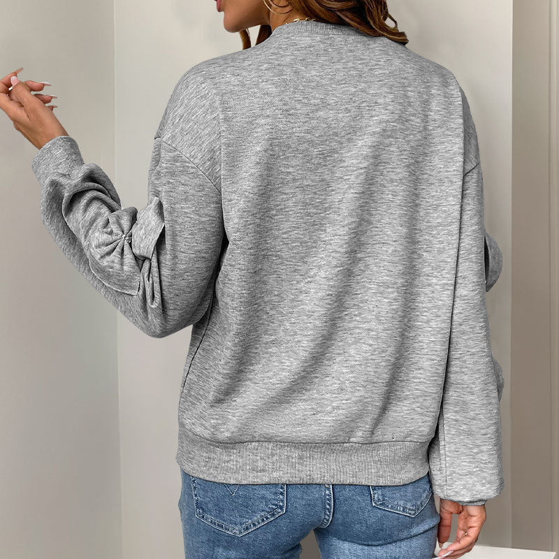 Damen Sweatshirt Lässiger Schnitt Verspielte Schleifen Details Grau