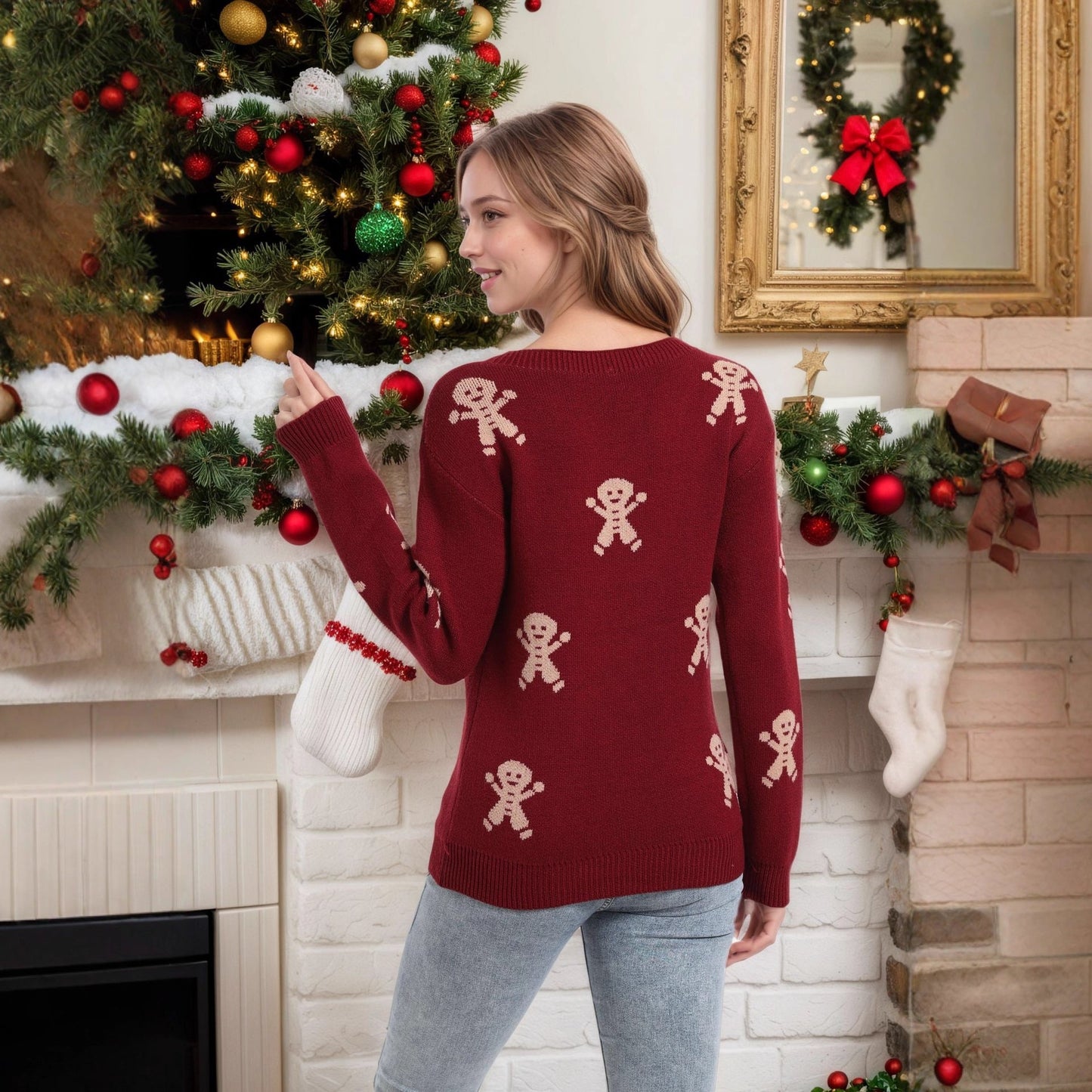 Damen Strickpullover Lebkuchenmotiv Weitschnitt Eveloria