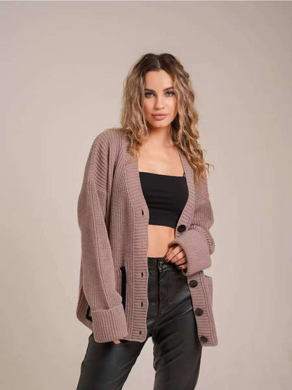 Damen Strickjacke Knöpfe Taschen Beige