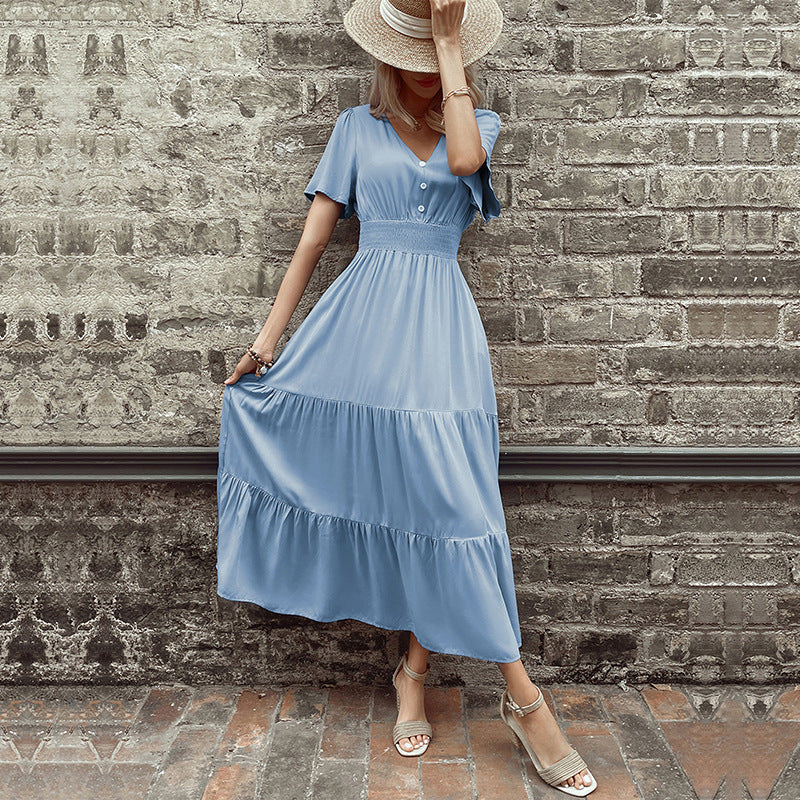 Damen Maxikleid Rüschendetails Taillengürtel Eveloria