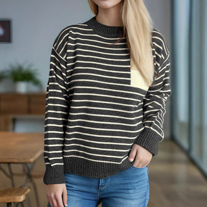 Damen Pullover Gestreift Lässig Breite Ärmel Grau Eveloria
