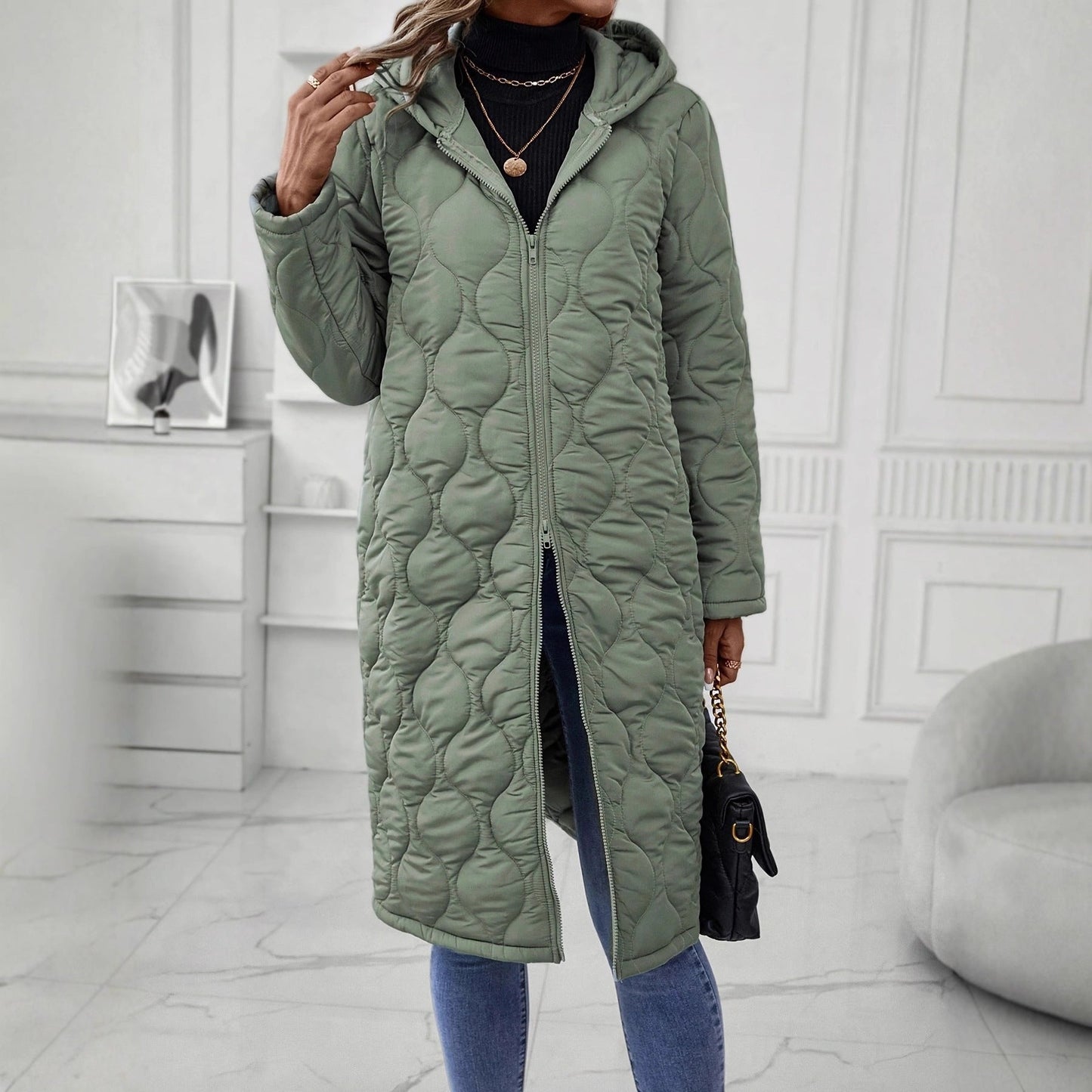Damen Kapuzenjacke Langer Ärmel Elegante Steppung Schwarz Eveloria - Eveloria