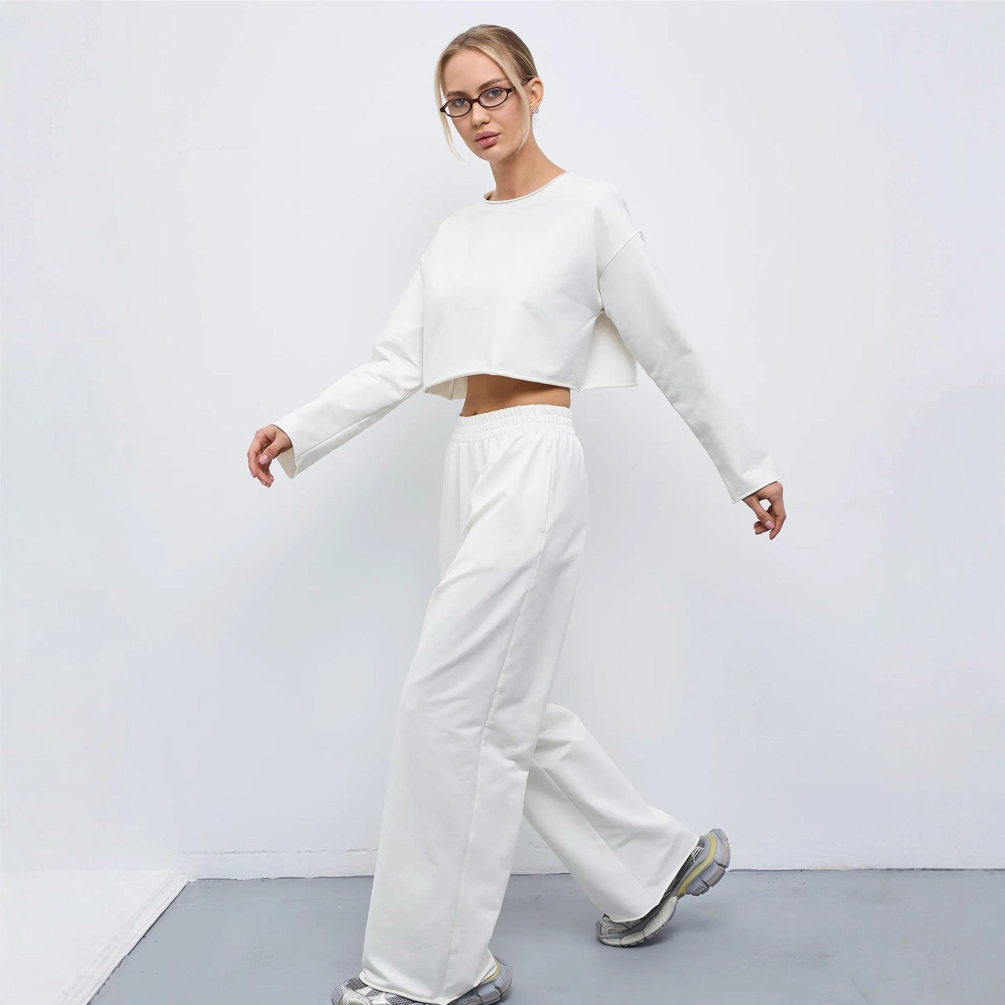 Damen Sweatshirt Set Komfortabel Cropped mit Jogginghose Grau