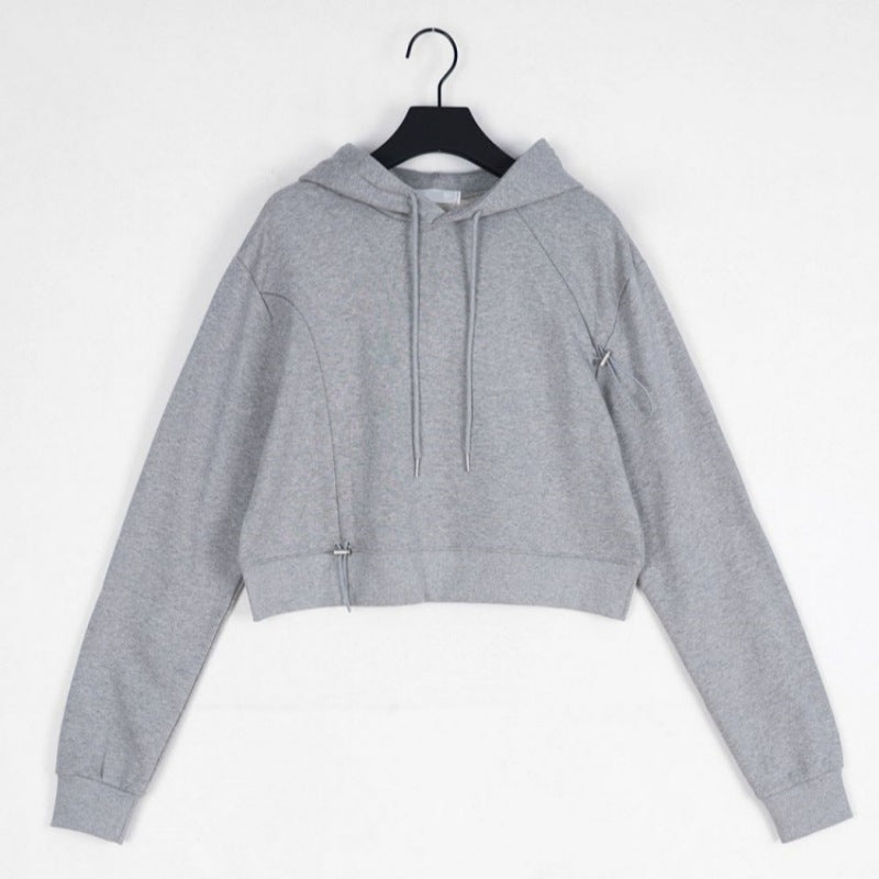 Damen Cropped Kapuzenpullover Verstellbarer Kordelzug Grau Eveloria