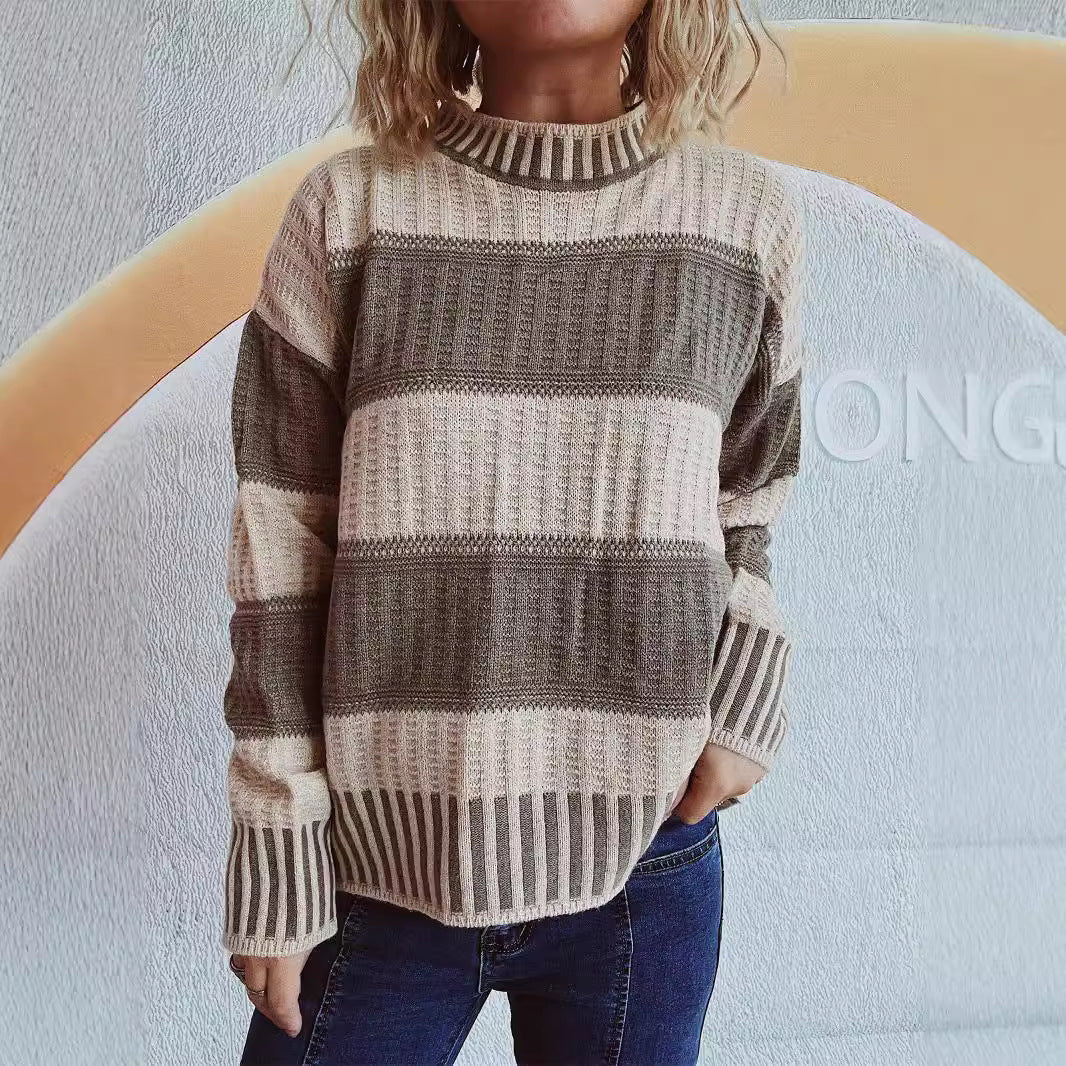 Damen Strickpullover mit Streifenmuster und hohem Bündchen