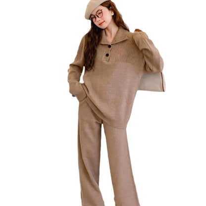 Damen Strickanzug Weite Passform Dekorative Knöpfe Beige