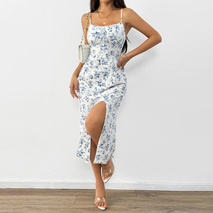 Damen Maxikleid Floralmuster Spaghettiträger Elegant