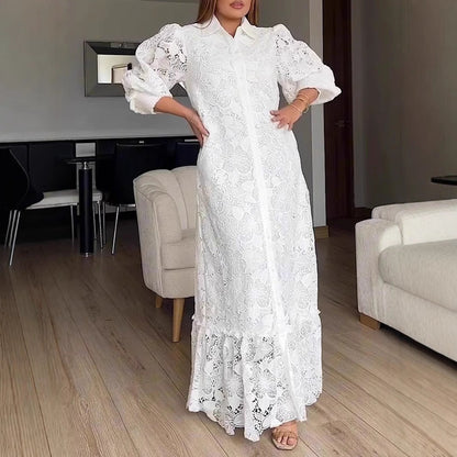 Damen Spitzenmaxikleid mit Voluminösen Ärmeln Eveloria - Eveloria
