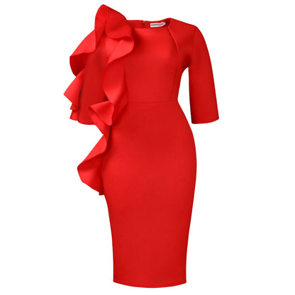 Damenkleid Asymmetrisches Rüschendesign Figurbetont Eveloria