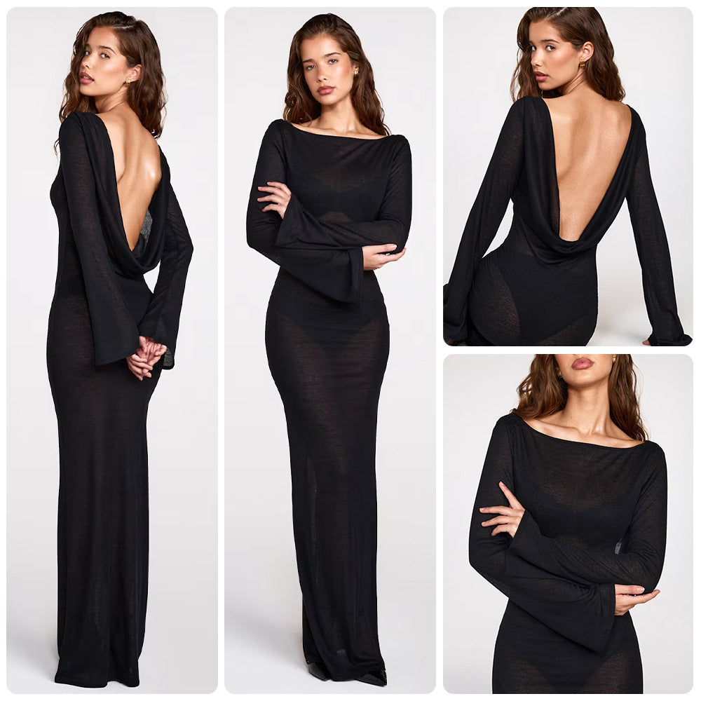 Damen Maxikleid Langärmlig Transparent Figurbetont Eveloria - Eveloria