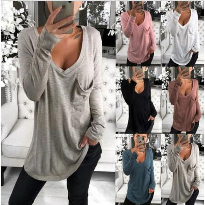 Damen Langarmshirt V-Ausschnitt Brusttasche Eveloria - Eveloria