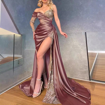 Damen Abendkleid Schimmerndes Oberteil Hochschlitz
