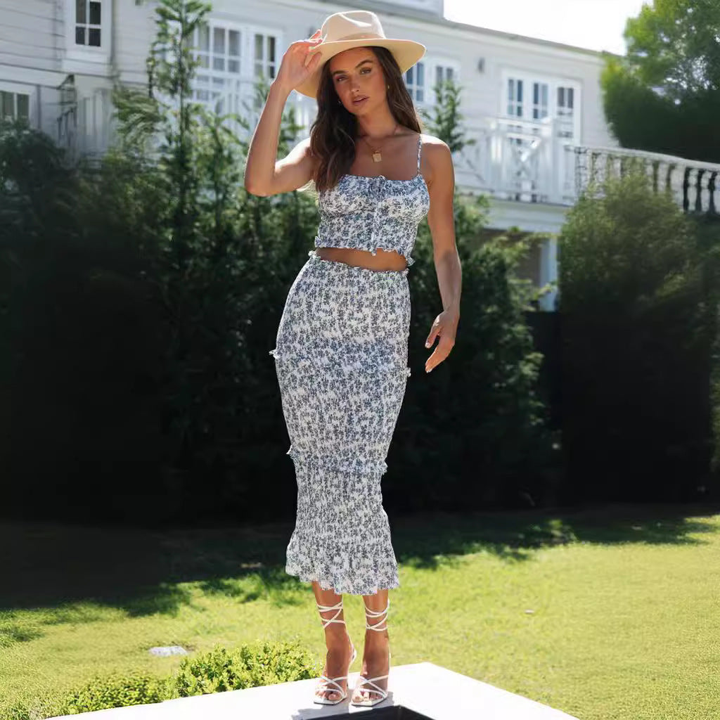 Damen Crop- Set mit Midi-Rock Floralmuster