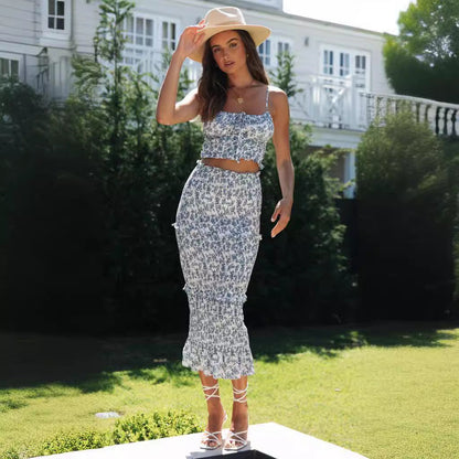 Damen Crop- Set mit Midi-Rock Floralmuster