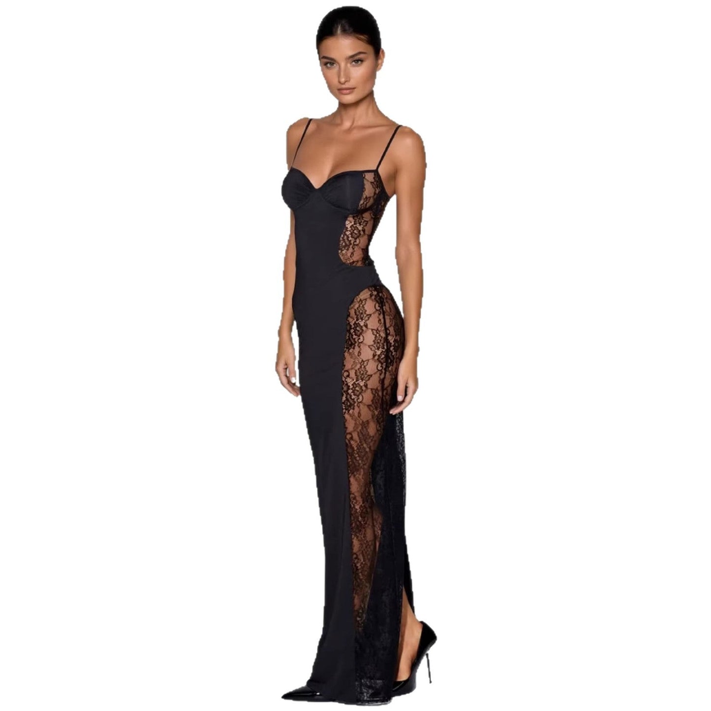 Damen Maxikleid Spitze Transparent Eveloria