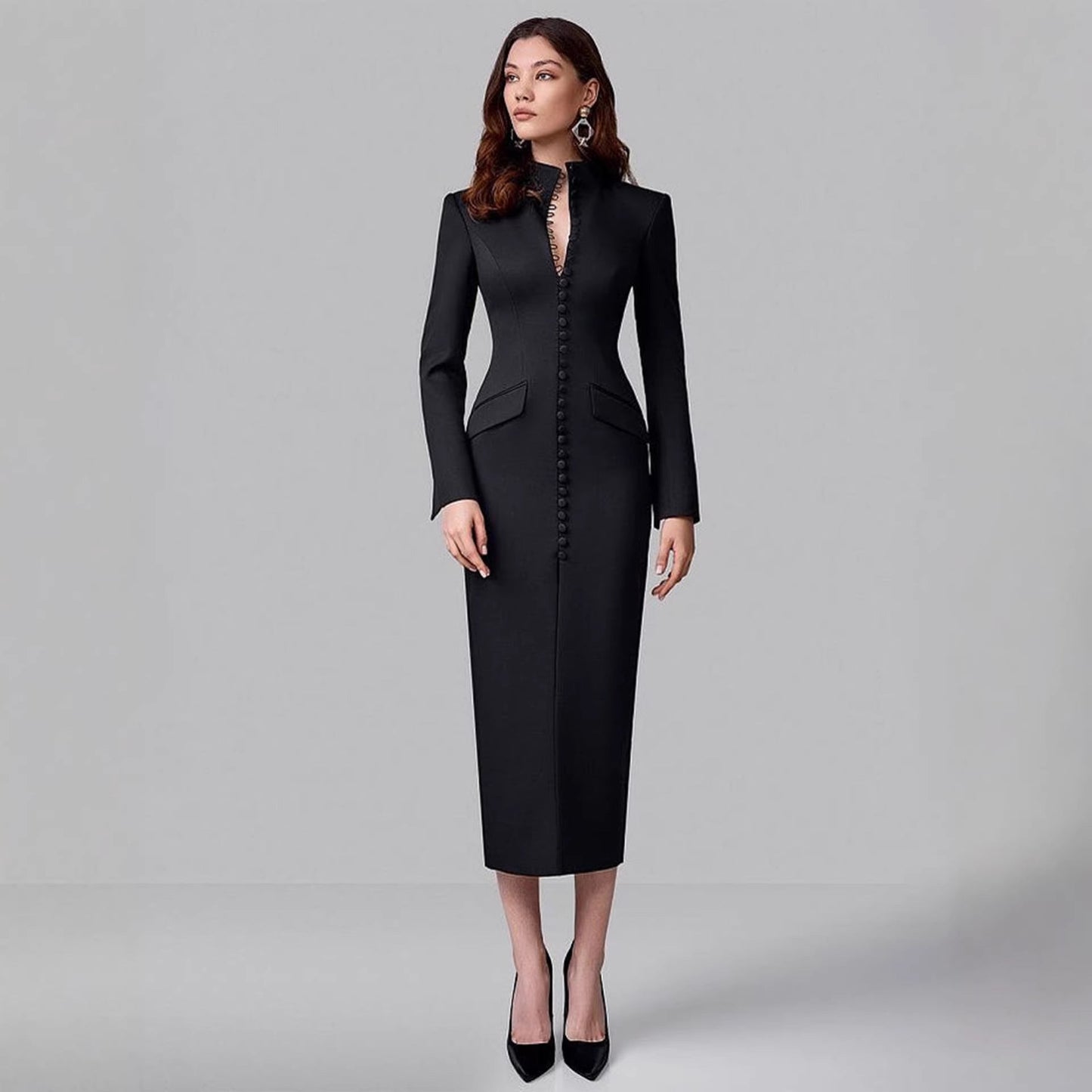 Damen Langarmkleid Florales Muster Hochgeschlossener Kragen