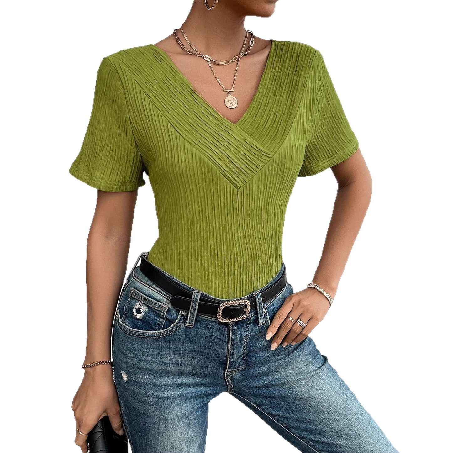 Damen T-Shirt V-Ausschnitt Plissiert Eveloria
