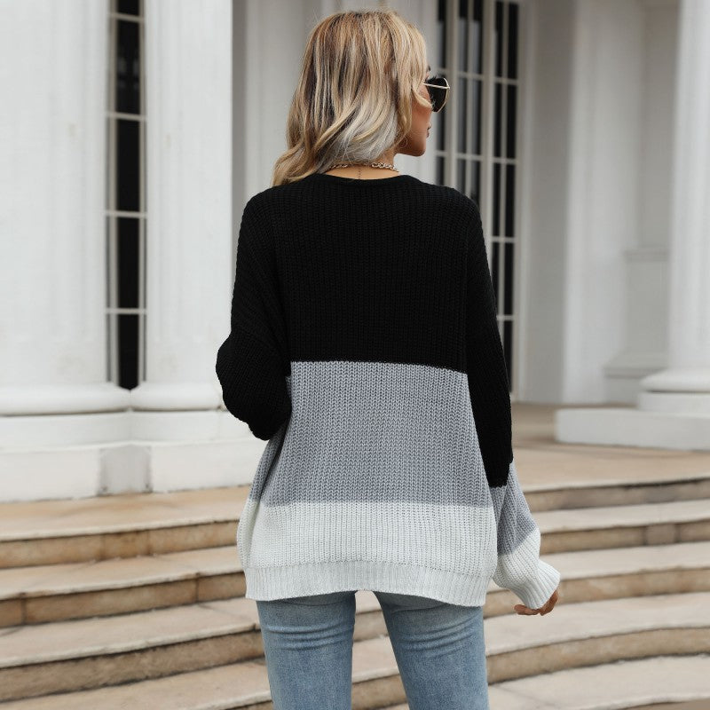 Damen Strickpullover Locker Trendiges Farbblock-Design Eveloria