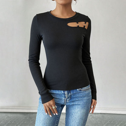 Damen Langarmshirt Asymmetrisch Cut-Out-Design Ringdetails