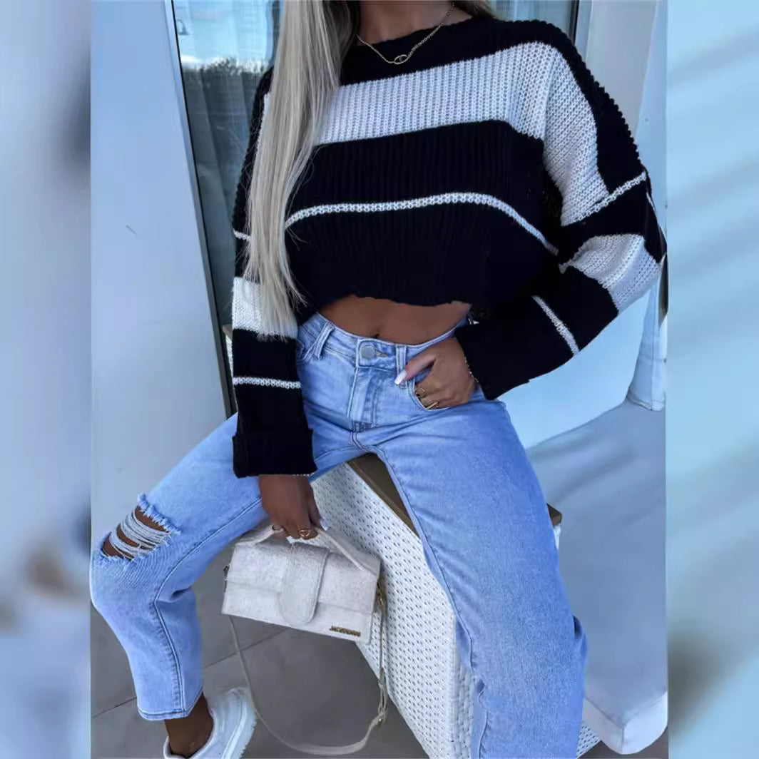 Damen Strickpullover Cropped mit Streifen Modisch Eveloria