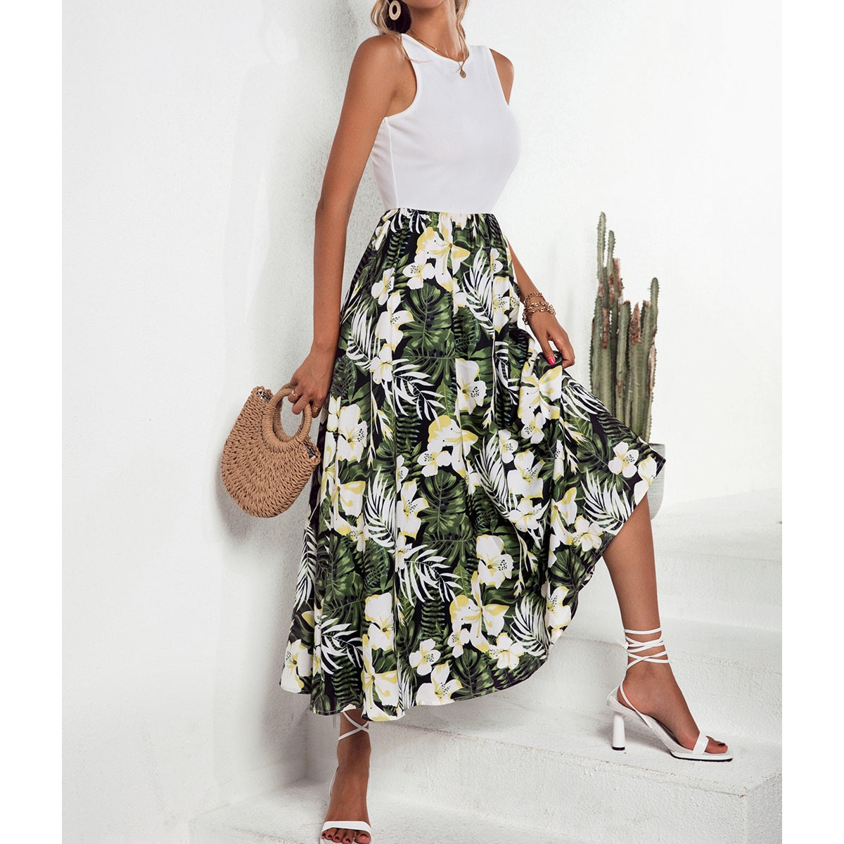 Damen Maxirock Floralmuster Schwingender Saum Eveloria