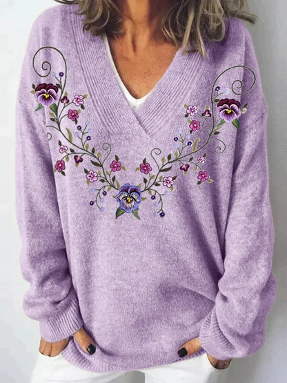 Damen Pullover V-Ausschnitt Floralmuster Lässig Eveloria