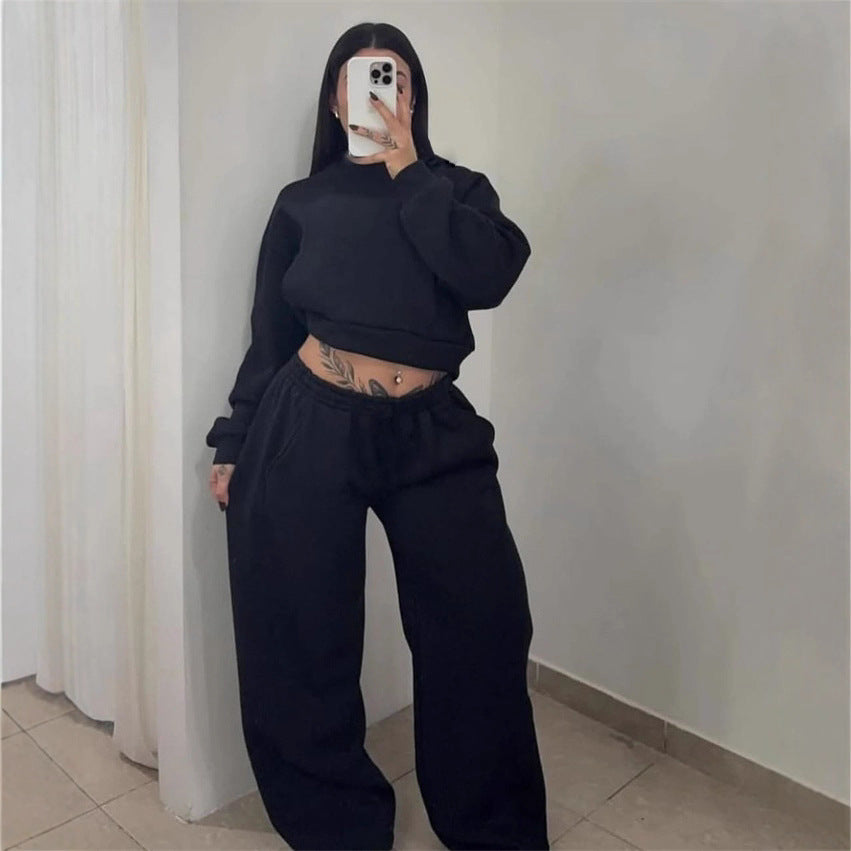 Damen Sweatshirt Set Cropped Oberteil Weite Jogginghosen Grau