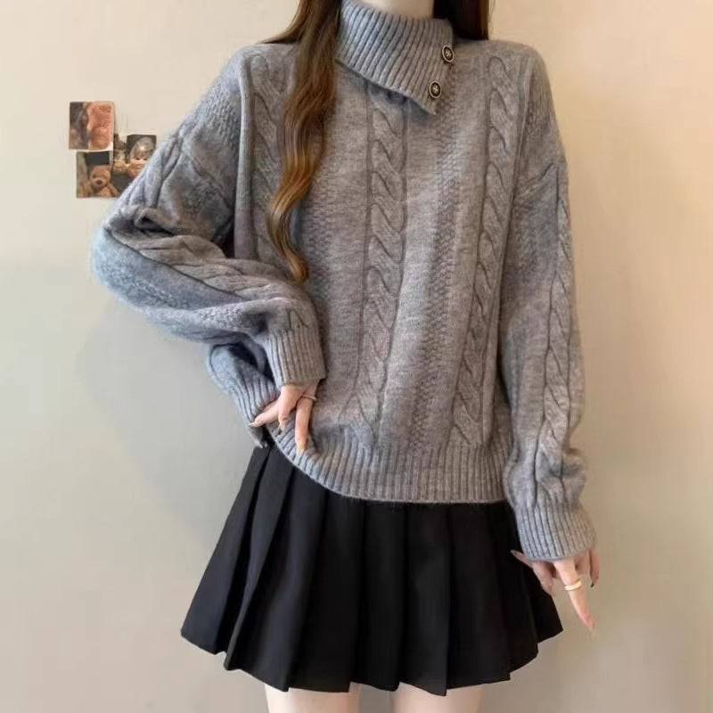 Damen Grobstrickpullover Hochgeschlossener Kragen Knöpfe Beige