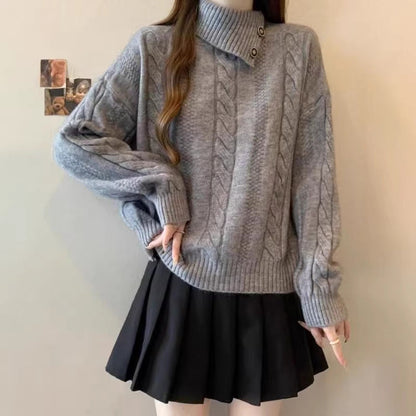 Damen Grobstrickpullover Hochgeschlossener Kragen Knöpfe Beige
