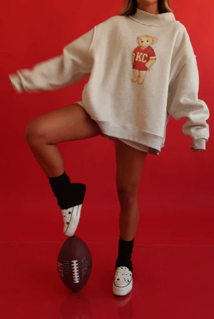 Damen Oversized Sweatshirt Bärenmotiv Grau Eveloria