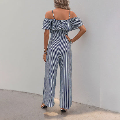 Damen Jumpsuit Schulterfrei Gestreift Eveloria