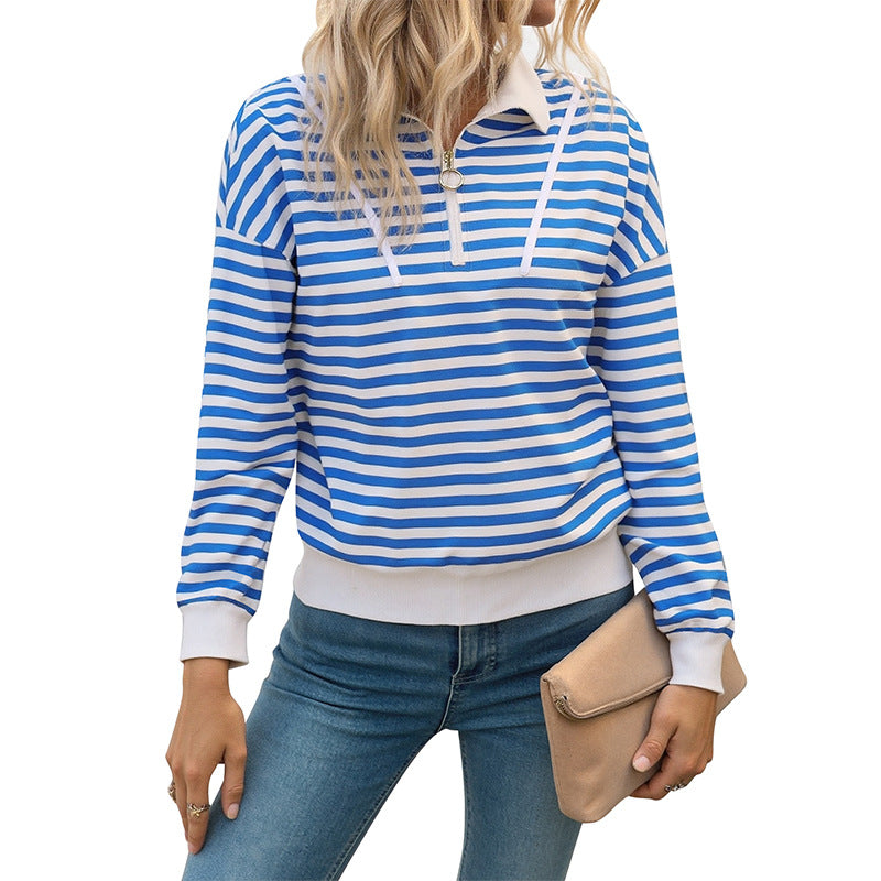 Damen Sweatshirt Gestreift Kapuze Sportkragen Grau