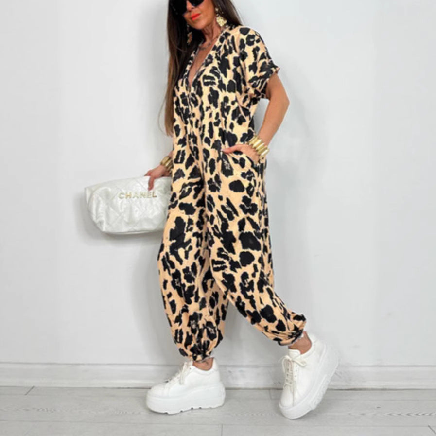 Damen Jumpsuit Oversized Leopardenmuster mit Taschen Schwarz - Eveloria