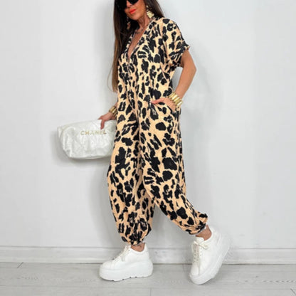 Damen Jumpsuit Oversized Leopardenmuster mit Taschen Schwarz - Eveloria