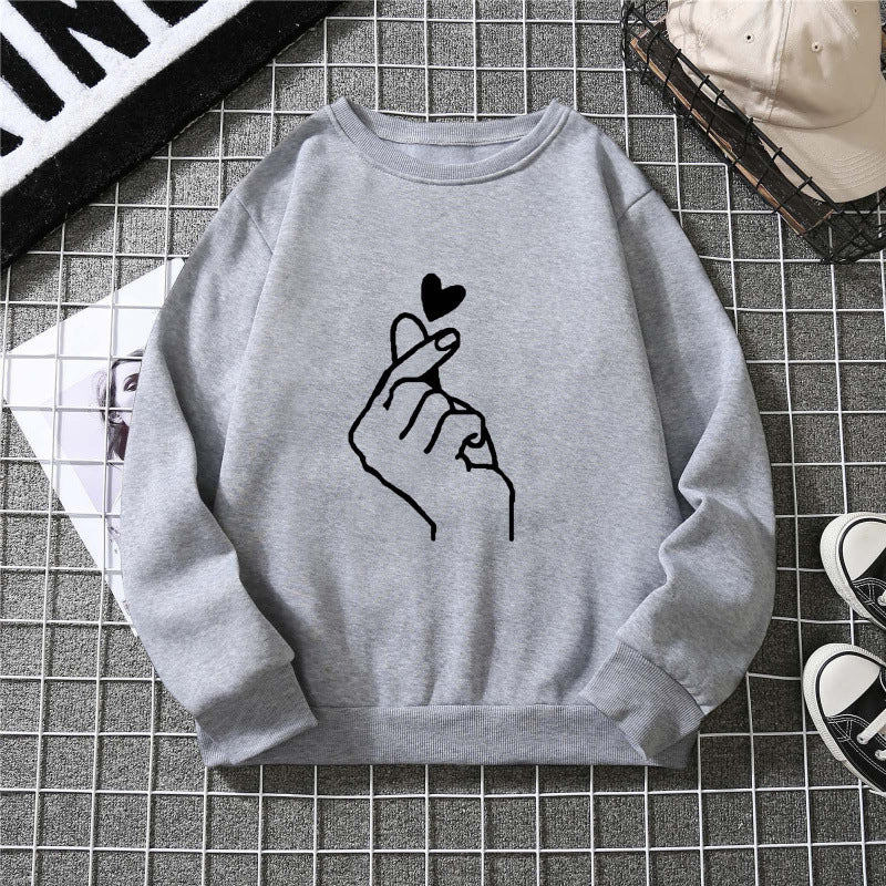 Damen Sweatshirt Kreatives Handzeichen-Motiv Weiches Innenfutter Grau