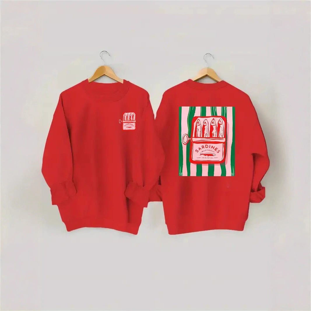 Damen Sweatshirt Sardinen-Grafik Lässig Grau Eveloria