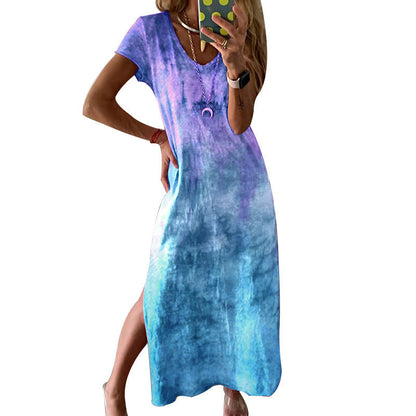 Damen Maxikleid Langarm V-Ausschnitt Tie-Dye