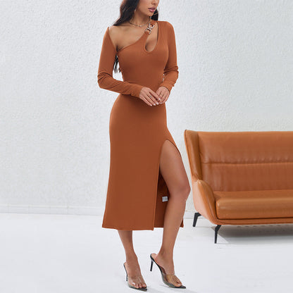 Eveloria Damen Langarmkleid Figurbetont Asymmetrisch