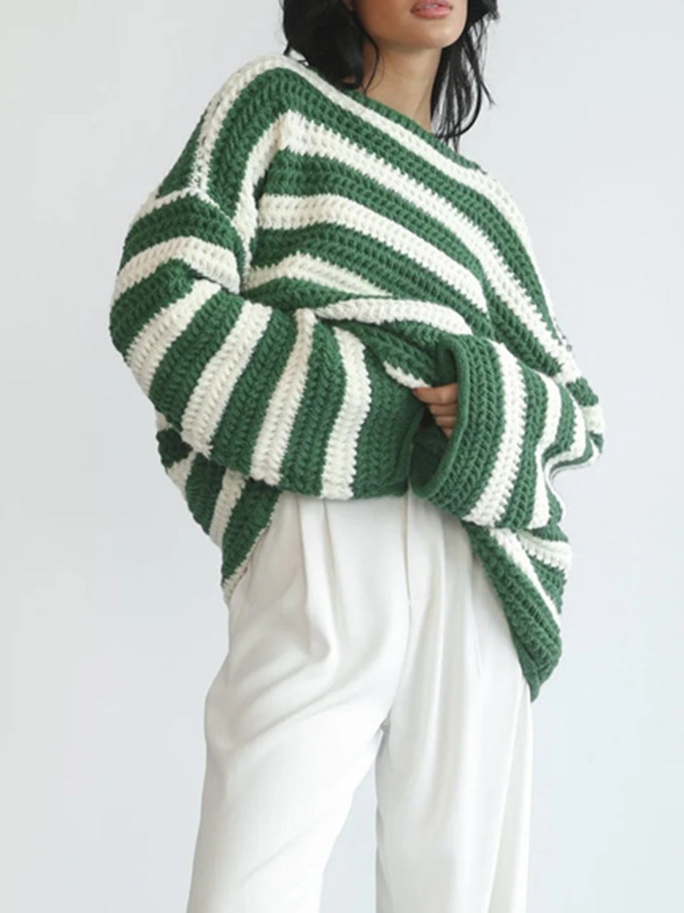 Damen Oversized-Pullover Gestrickt Breites Streifenmuster