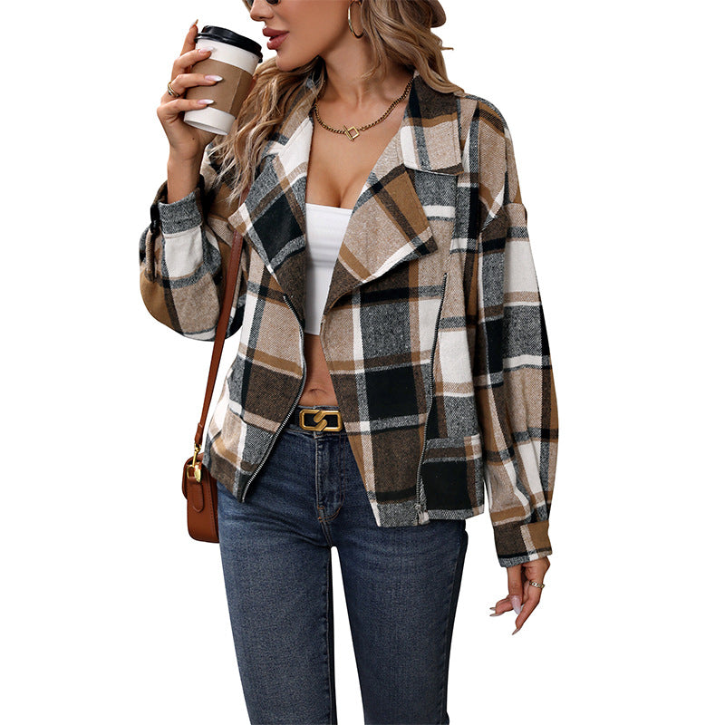 Damen Blazerjacke Kariert Elegant Stehkragen weiß
