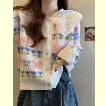 Damen Strickjacke Floralmuster Großkragen