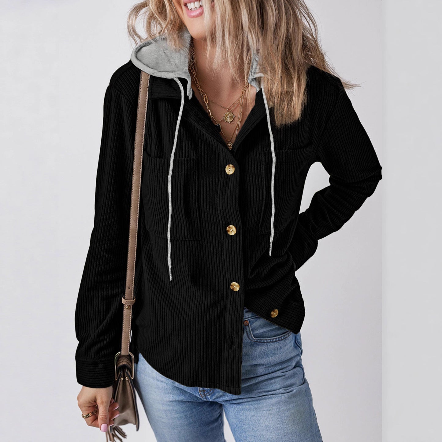 Damen Hemdjacke Gestreift Kapuze Taschen Eveloria