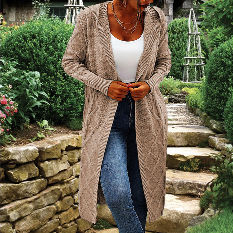 Damen Strickcardigan Lang Hochkragen Zopfmuster Beige