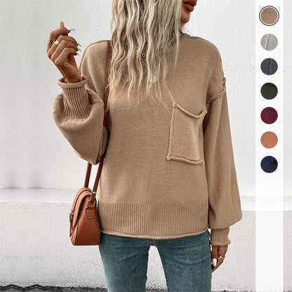 Damen Strickpullover mit Brusttasche und Details Beige - Eveloria