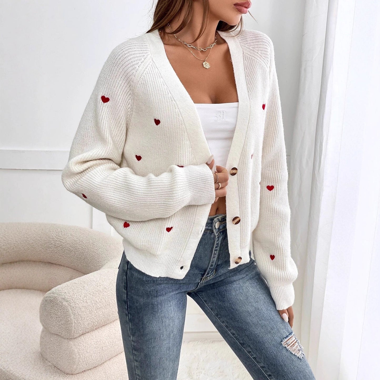 Damen Strickjacke Herzapplikationen Knopfverschluss Eveloria