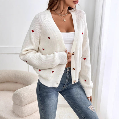 Damen Strickjacke Herzapplikationen Knopfverschluss Eveloria