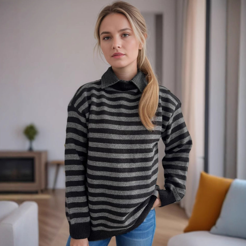 Damen Oversized Pullover Streifenmuster Lässig Beige