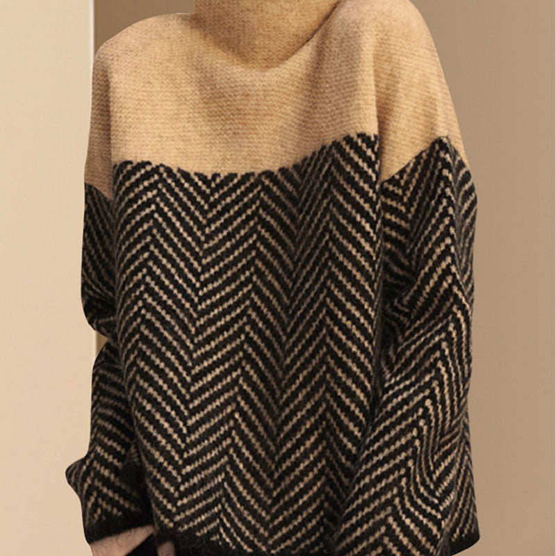 Damen Pullover Zickzack-Muster Hochkragen Braun