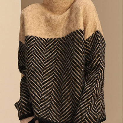 Damen Pullover Zickzack-Muster Hochkragen Braun
